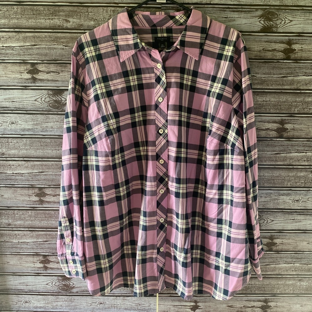 Talbots Women's Long-Sleeved Button-Down‎ Top Size 2X Purple Plaid
